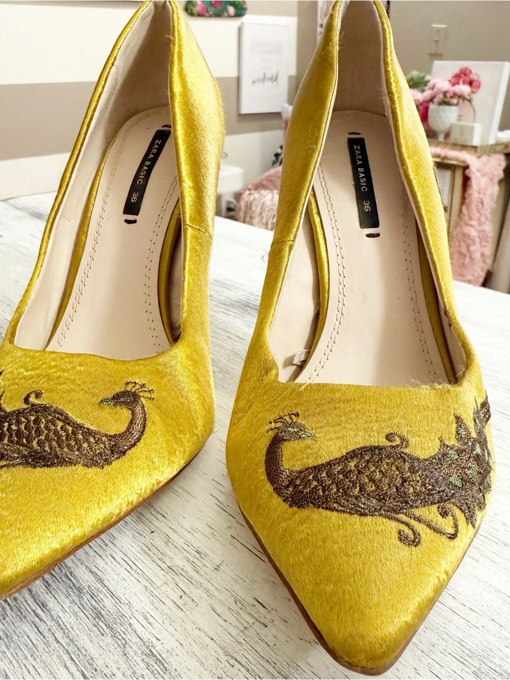 Zara Peacock Embroidered Pointed-Toe Stiletto Heels size 36